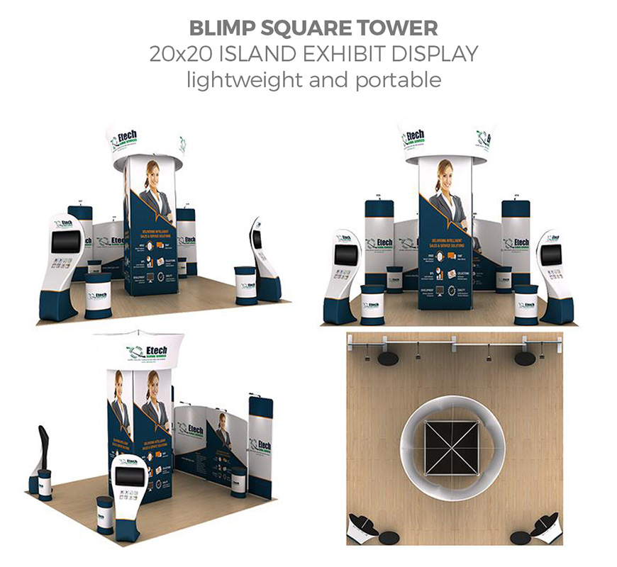Blimp Square Trade Show Tower with Rotating Motor in 20X20 Booth Space